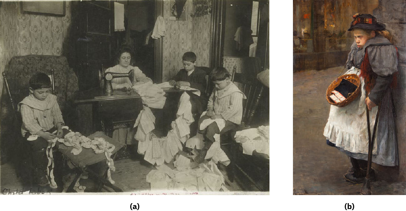 Photograph (a) shows a family working in their apartment. The mother works at a sewing machine. The three children are working with their hands. Painting (b) shows a girl standing with the help of a crutch. She has a basket filled with books of matches. She appears to be selling the matchbooks.