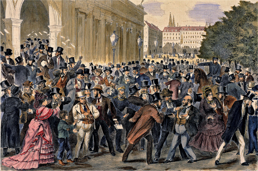 This image shows a large crowd of people. Most of the people are men wearing business suits. Some women and children are also visible. Everyone in the image appears to be arguing with other members of the crowd. Large buildings are visible in the background.