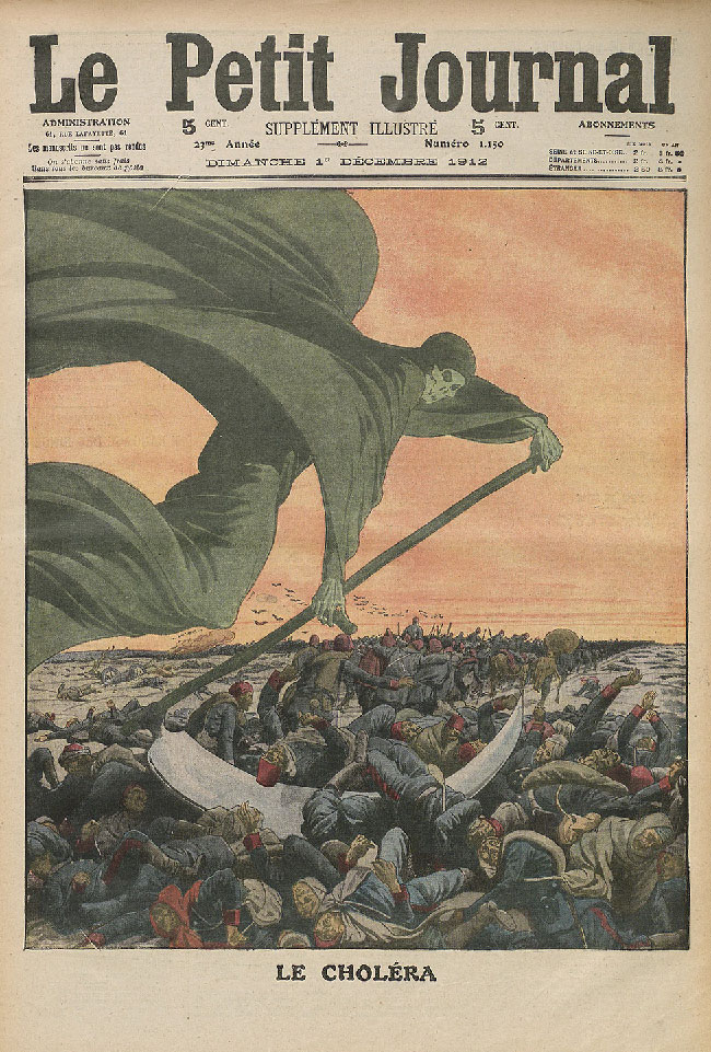This magazine cover shows a large skeleton, clothed in flowing robes. The skeleton uses a scythe to cut down soldiers. The image is captioned “Le Cholera.”