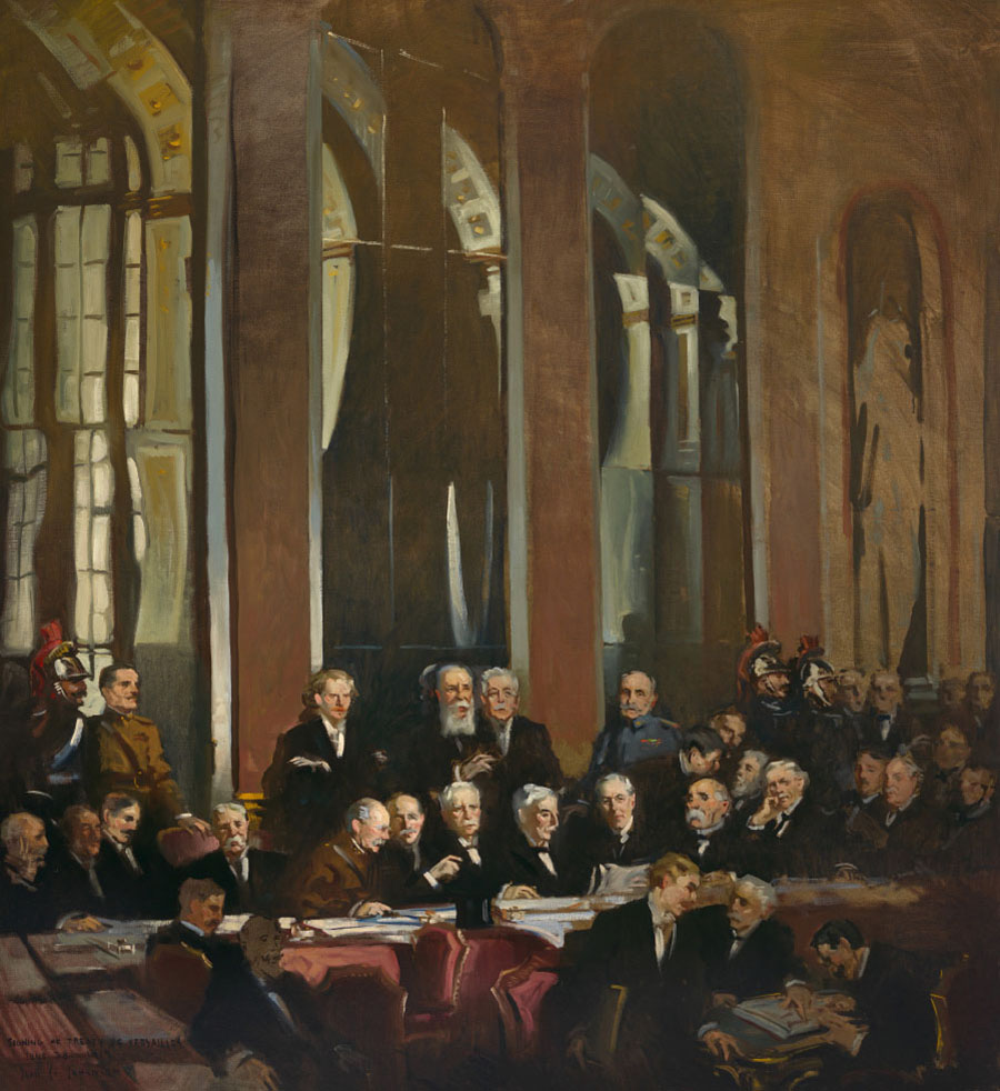 In this painting, a large room is filled with men dressed in military uniforms and business suits. Some men sit at a table that is covered with papers. Others stand around the table.