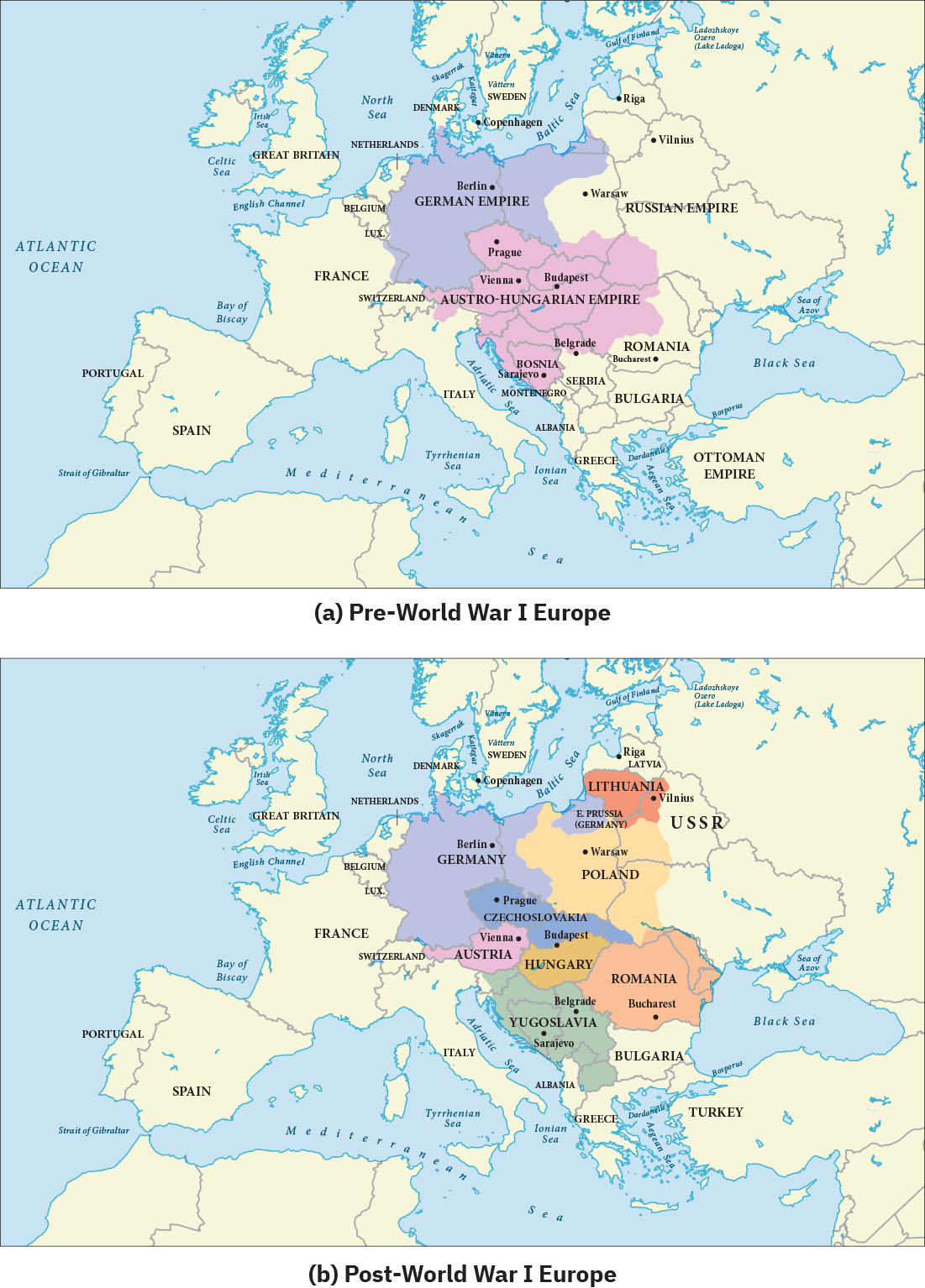 There are two maps that both show Europe, North Africa, and Western Asia. Map (a) is titled Pre-World War I Europe. The German Empire and Austro-Hungarian Empire cover most of central Europe. The Russian Empire and Ottoman Empire are also included on the map. Map (b) is titled Post-World War I Europe. What was the German Empire is now Germany and part of Poland. What was the Astro-Hungarian Empire is now Czechoslovakia, Austria, Hungary, part of Poland, part of Romania, and part of Yugoslavia. What was the Russian Empire is now the USSR, Lithuania, part of Poland, and part of Romania. What was the Ottoman Empire is now Turkey.