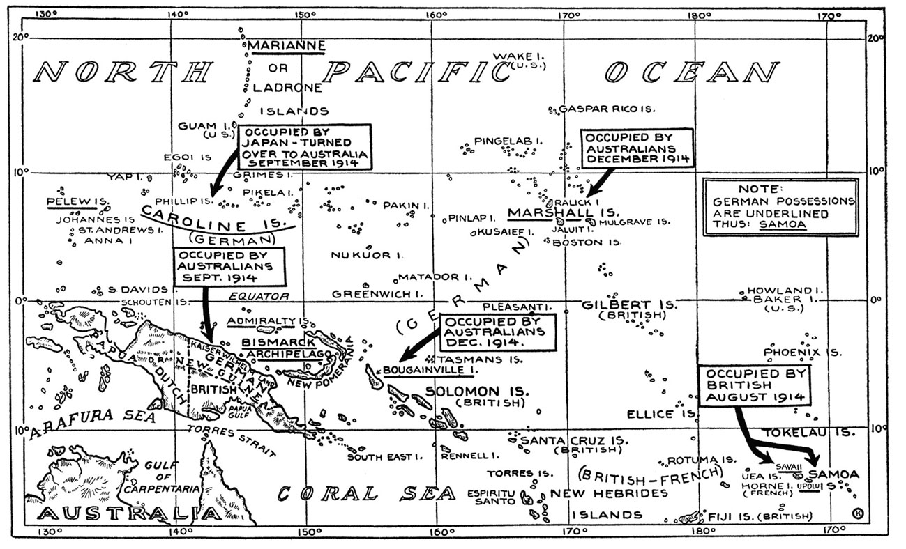 This is a map of formerly German colonies in the North Pacific Ocean. The colonies are labeled with dates and explanations of what happened to each former colony. The Caroline Islands (German) were occupied by Japan and turned over to Australia September 1914. New Guinea, which was German, British, and Dutch, was occupied by Australians September 1914. Bougainville Island (German) waw occupied by Australians in December 1914. The Samoa Islands were occupied by the British in August 1914. The Marshall Islands (German) were occupied by Australians December 1914.