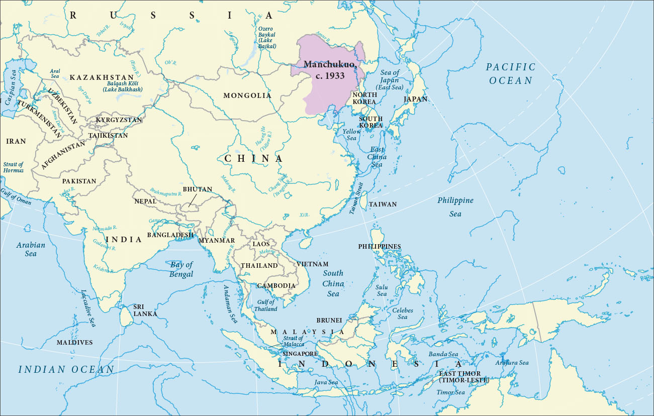 The map shows parts of east Asia and the Pacific Ocean. The territory of Manchukuo (Manchuria) is highlighted pink and labeled “c. 1933.” Manchukuo is bordered by Russia to the northeast, north, and northwest, Mongolia to the west, China to the southwest, and North Korea to the southeast. It also has the Yellow Sea to the south and the Sea of Japan and the country of Japan to the east.