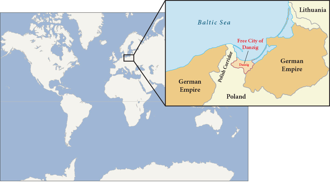 There are two maps shown. The map on the left is a world map. There is a small square in central Europe. This expands to the second map which shows the Baltic Sea in the top left with the German Empire bordering on the southwest and southeast. Poland is in between and includes the Polish Corridor and the Free City of Danzig. Lithuania is shown on the east side of the Baltic Sea.