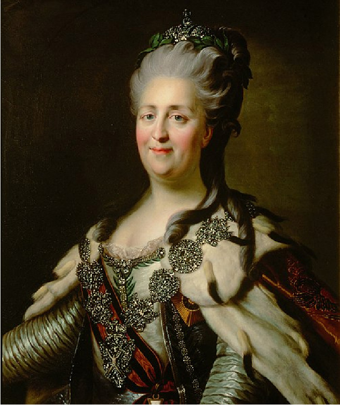 A portrait of Catherine II. She wears ornate robes and jewelry.