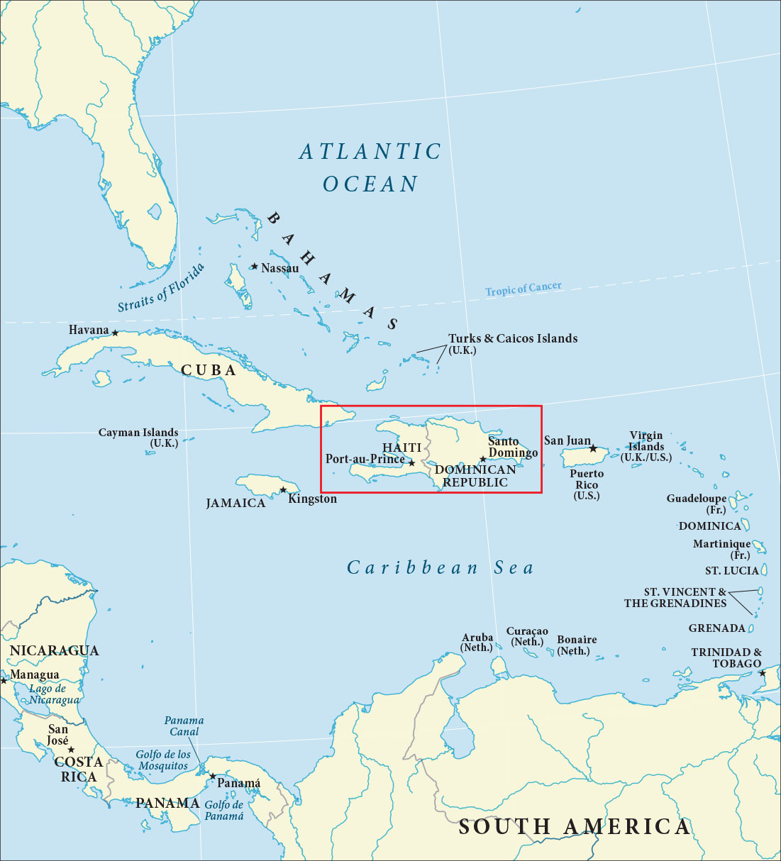 This map is centered on the island of Hispaniola in the Caribbean Sea. The island includes Haiti and the Dominican Republic. Florida is visible to the northwest. Cuba and Jamaica are to the west. Puerto Rico is to the east. South America is directly south of Hispaniola.