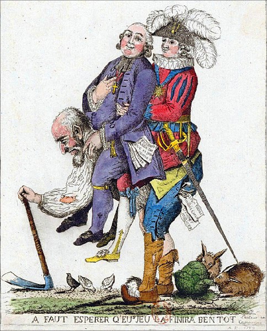 This cartoon shows three people. A priest, wearing purple robes, and a member of the nobility wearing a uniform and carrying a sword, ride on the back of a worker. The worker bends over and leans on a hoe to support the weight of the two men on his back. Small animals are on the ground.