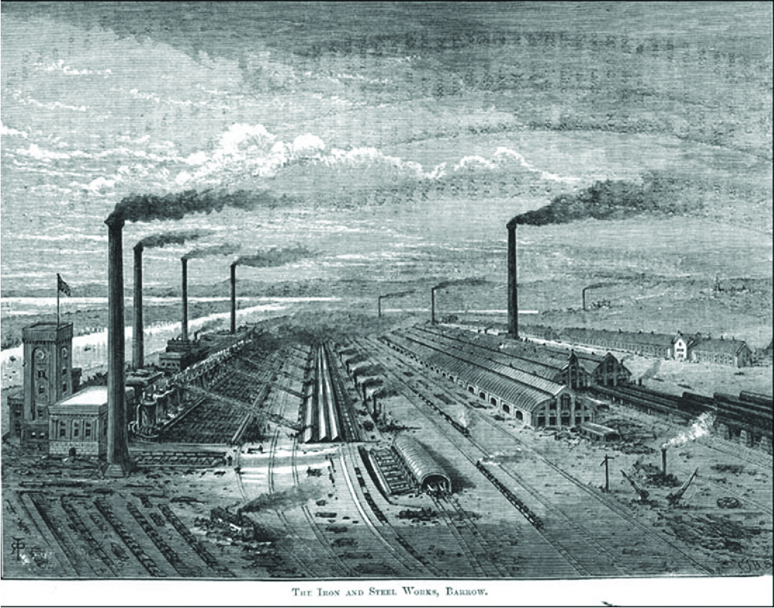 An image shows five long rows of buildings. Smokestacks project throughout the image, some coming out of the buildings and some standing alone, black smoke pouring out of all of them. The building on the left has some taller sections with a tall tower standing at the forefront. A flag waves at the top. Tall round containers run down the length of the building at the left with thin long projections coming off of them leading to triangular shaped items on the ground. To their right running all along them are small smokestacks in a long row with black smoke pouring out. To the right of that, two trains run in opposite directions along train tracks. Four more long buildings are shown at the right. At the forefront of the picture are shown small square objects, a rectangular shaped building, and various train tracks running in and out of the area. The background shows a river and clouds in the sky. The words “The Iron and Steel Works, Barrow.” are written across the bottom.