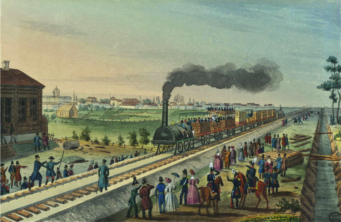 A drawing of a very primitive train riding on train tacks is shown. The front car of the train is a black semi-circle flat on wood over metal wheels with a smokestack and black smoke projecting from the top. A person is seen climbing on it from the side. The second and third cars have canopied open tops with people sitting on the train. The rest of the cars are brown blocks with squares on them. Two of them hold carriages. Three men in long blue coats and caps holding long sticks stand on either side of the railroad ahead of the train. People stand along the tracks on both sides of the train. On the right side of the drawing along the length of the train tracks many people stand amid piles of wood and in front of a small creek looking at the train. The men wear long coats, pants, and hats, and the women wear long dresses with hats and one holds a parasol. Among them stand men in military uniforms and two ride horses. In the background there are white and orange buildings and open farmlands.