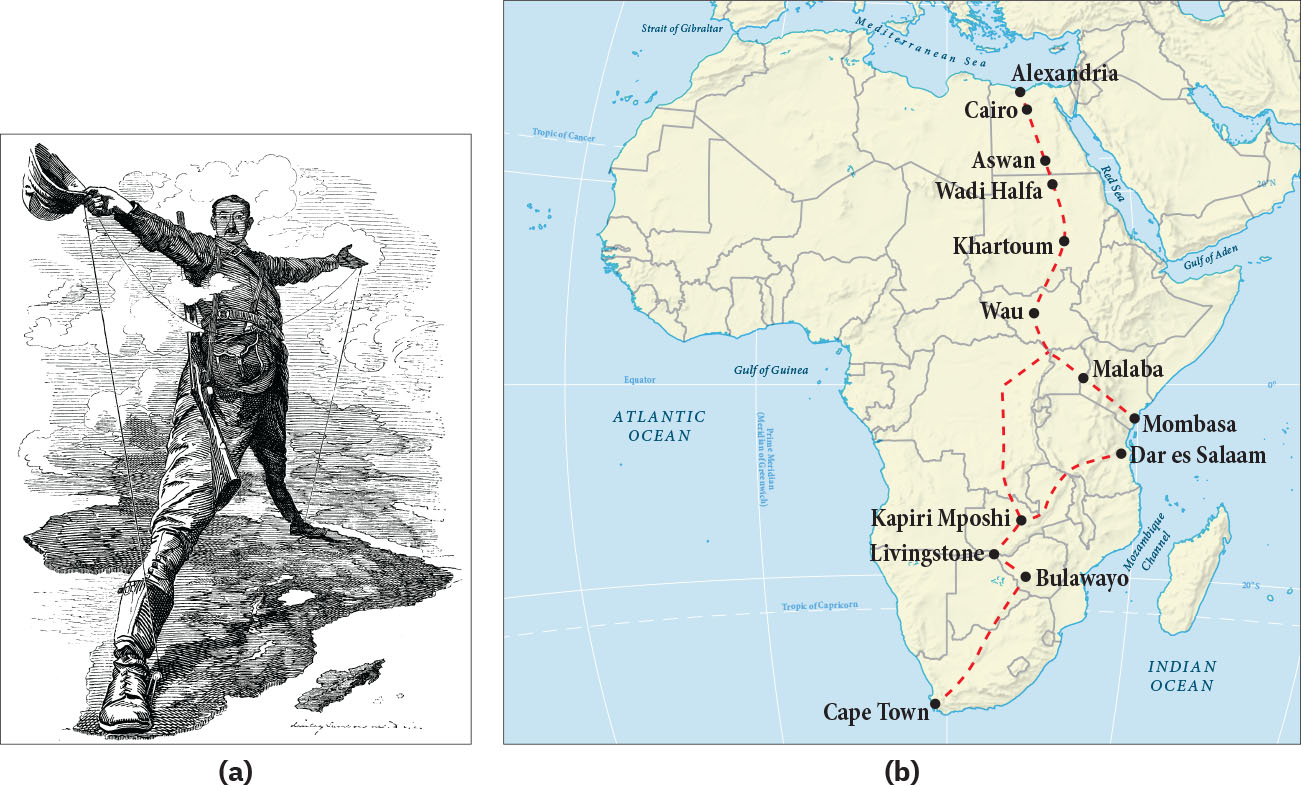 Part a is a drawing of a man standing over Africa, with one foot in southern Africa and the other in northern Africa. He has a small moustache, wears a military combat uniform, has a rifle at his side, and holds a helmet in his right arm. His arms are outstretched so that his hands are above his feet. A string runs from one of his shoes to his hand, then across to the other hand and then down to the other shoe. A ship is drawn in the background in Northern Africa and clouds surround him. Part b is a map of Africa. A slashed red line runs from Alexandria in the north, passing through the cities of Cairo, Aswan, Wadi Halfa, Khartoum, Wau, and Malaba, ending in Mombasa on the east coast of Africa. Another red slashed line runs from Dar es Salaam on the Africa’s east coast through the cities of Kapiri Mposhi, Livingstone, Bulawayo and ending in Cape Town on the southern tip of Africa. A red slashed line also connects the two routes from an area between the cities of Wau and Malabe on the first line and the city of Kapiri Mposhi on the second line.