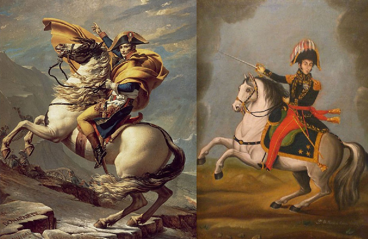 Both images show a man in an ornate military uniform, riding a horse that is rearing to the left.