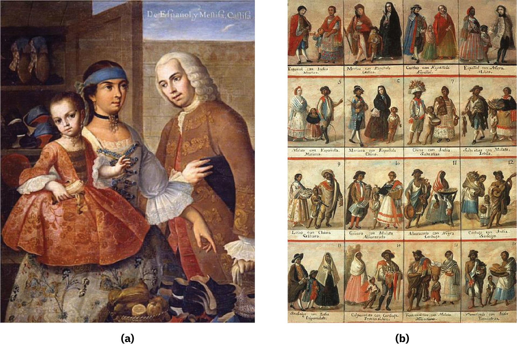 Image (a) shows a white father with his Spanish Indian wife and their mixed-race daughter. The man wears shirt, vest, and a long coat, decorated with embroidery, and oversized lace cuffs. The mother and child both wear jewelry and dresses decorated with floral embroidery. Image (b) consists of sixteen small paintings. Each painting shows a different racial combination of a man, woman, and child.