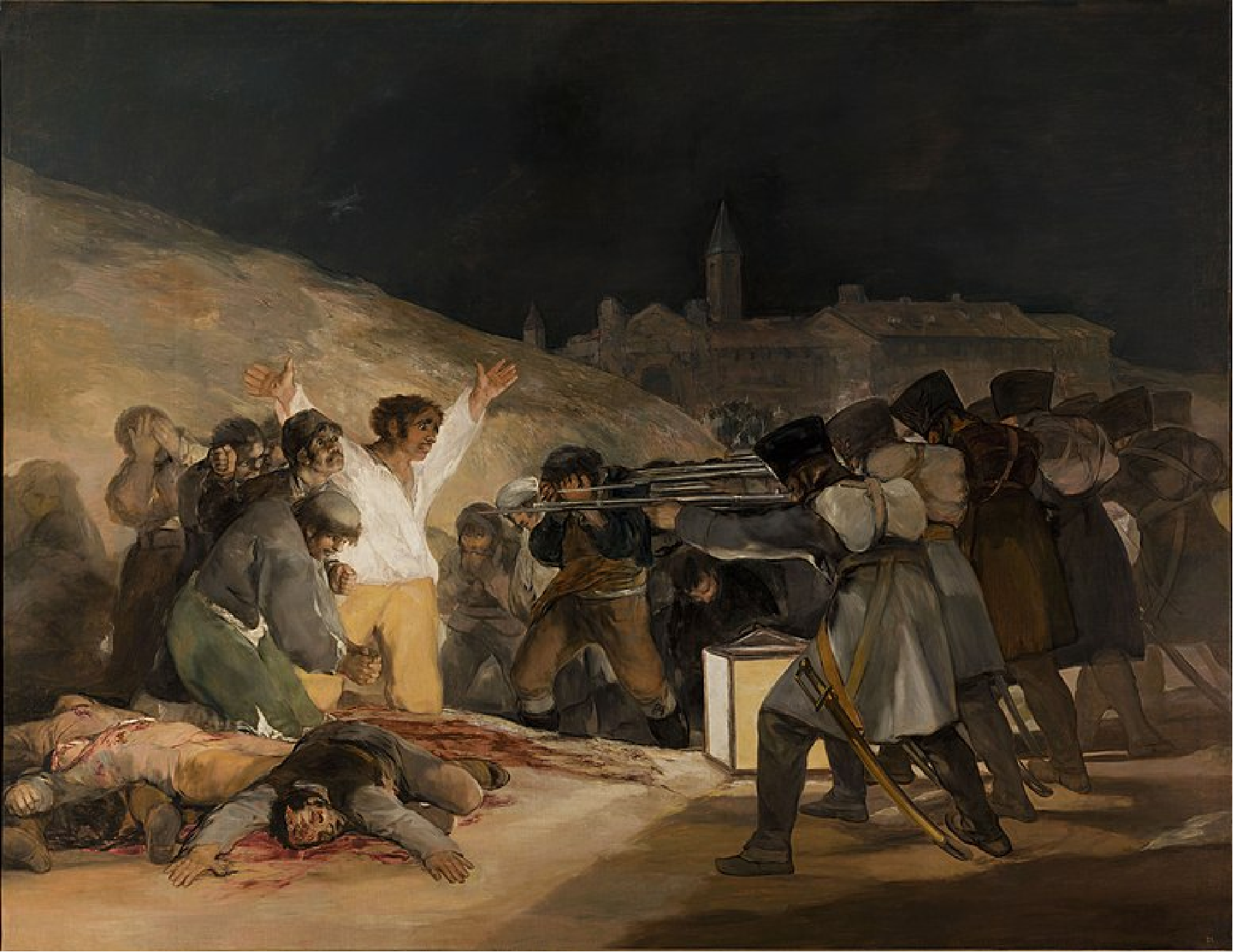 Several soldiers point guns at civilians. A pile of dead civilians lies at their feet. There is blood on the ground.