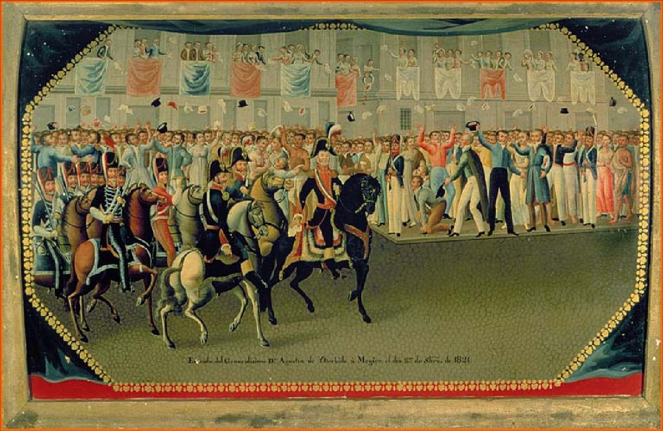 In this painting, Augustin de Iturbide, rides a horse down a city street. He is followed by soldiers on horseback. Civilians line the road and crowd the second story of nearby buildings.
