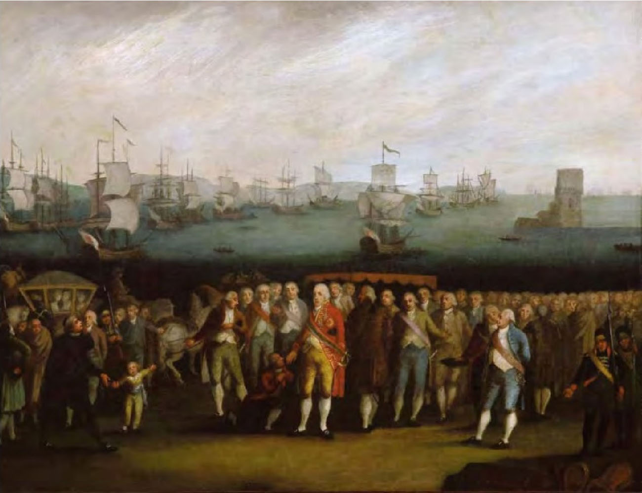 A crowd of men span the painting from left to right and stand facing forward. There are a couple of children with them. A fleet of large ships is in the background.