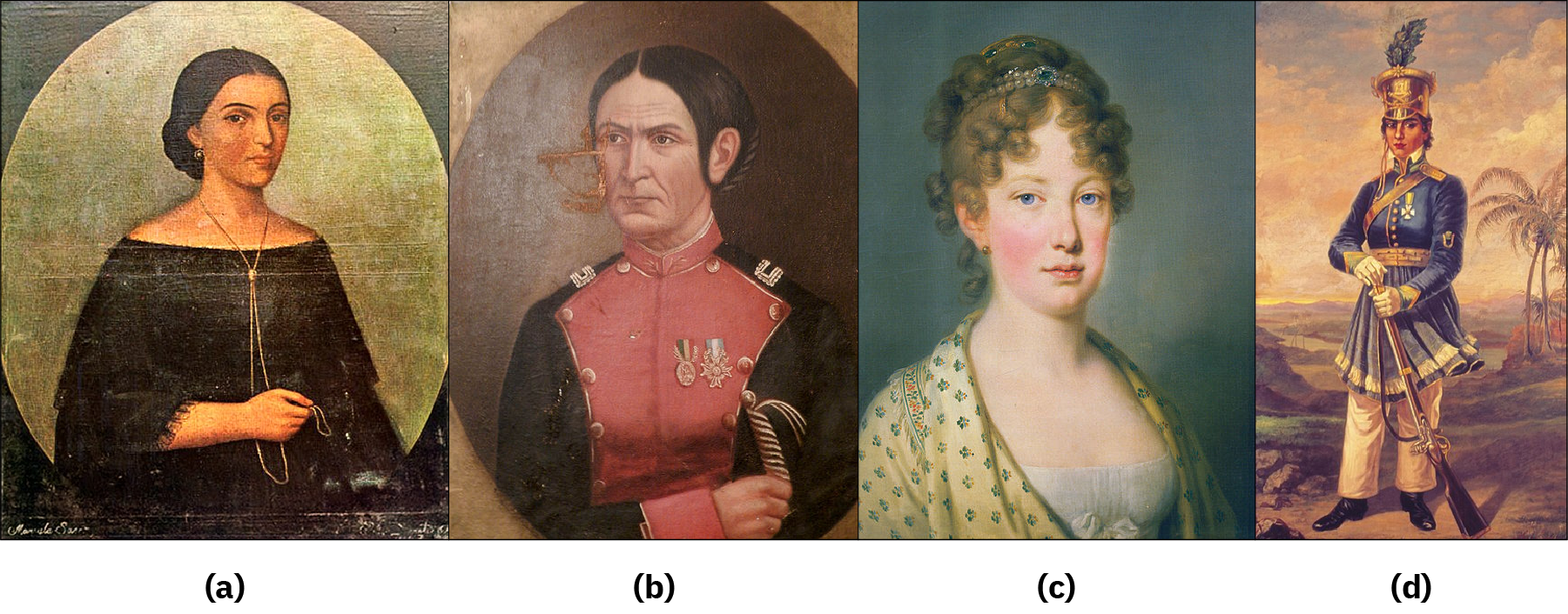 Image (a) is a painting of Manuela Saenz, she wears a black dress and a necklace. Image (b) is a painting of Juana Azurduy de Padilla, she wears a military uniform which is decorated with medals and she holds a sword. Image (c) is a painting of Empress Maria Leopoldina, she wears a dress. Image (d) is a painting of Maria Quitéria, she wears a military uniform and carries a gun.