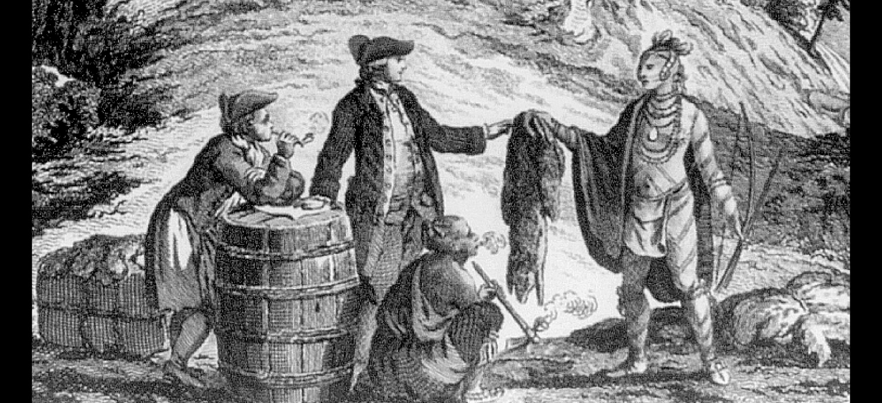 A black and white image is shown of two European men and two Native Americans. The European men are dressed in long coats, knickers, and hats. One of them leans on a barrel while smoking a short pipe while the other one stands with his right hand on the barrel, extending his left arm to a Native American man handing him an animal fur. The Native American man wears a loincloth, several necklaces, moccasins, has a cloth draped over his right shoulder, wears jewelry on his head, and stands in front of a pile of animal furs. His body is striped with paint, and he holds a bow and arrow in his other hand. The second Native American man squats to the right of the barrel wearing a cloth around his left shoulder, pants, and moccasins, while smoking a long pipe and blowing smoke out his mouth. In the left corner of the image a large package tied with strings sits on the ground and rocks, hills, and sparse bushes can be seen in the background.