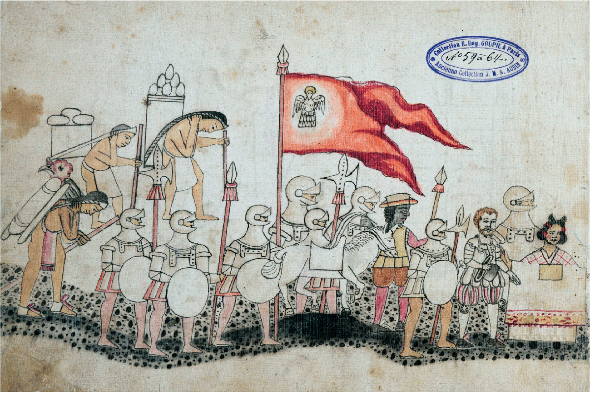 A drawing is shown of an army and people marching toward the right along a dark, pebbled, wavy road. Seven of the men are dressed in full armor, with only their eyes showing through their helmets. They all hold round shields, four hold tall spears, and one holds a very large red flag with two points and a picture of an angel with wings and a halo on it. Behind the army on the left there are three people in loincloths and black hair carry objects by ropes tied around their foreheads. They are bent over against the weight. In the middle of the army there is a white horse and in front of the horse is a dark-skinned man with long black hair, wearing a shirt, short pants, tights, and hat. He is holding a spear. In the front of the army on the right there is a man wearing an armored coat, shorts striped red and white pants, white tights, holding his black top hat in his hand. He has red hair and a beard. In front of him stands a woman with dark pinned up hair and a red and white dress with her arms outstretched. A blue oval stamp is in the top right of the picture.