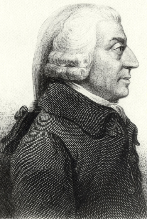 A drawing of a profile of a man is shown on a white background. He has white hair with two tight curls on the sides and the long hair in the back is tied with a bow. His eyes are very round, he has a pointed nose, and wears a dark coat with large buttons over a white shirt.
