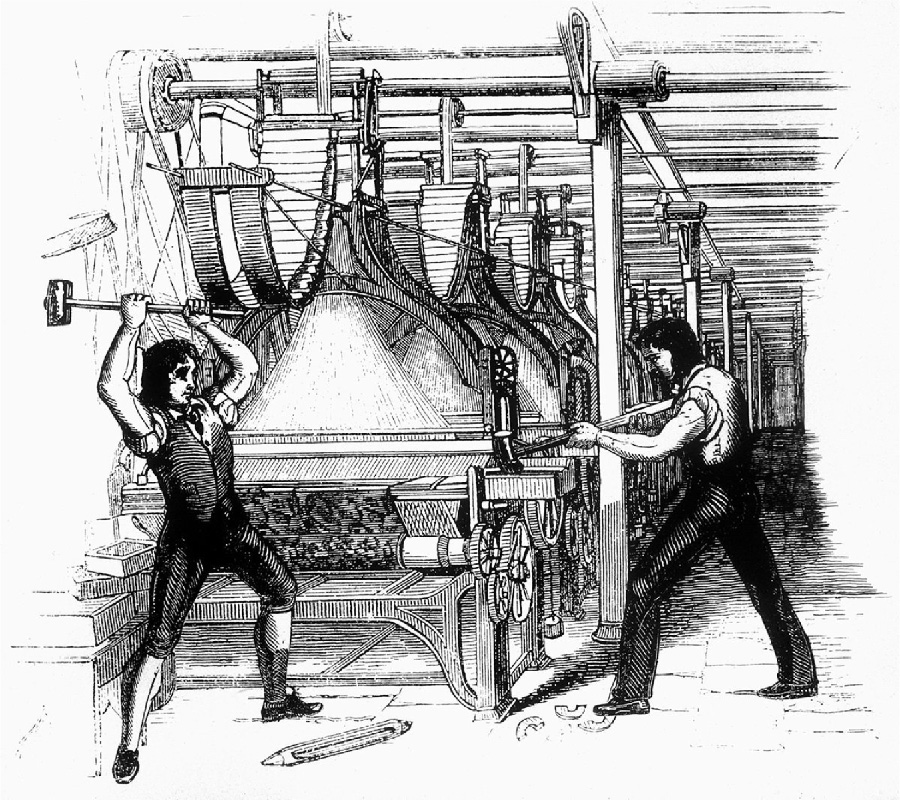 A drawing shows a large machine with semi-circular pieces running along the middle toward the far back. The tops of the circular pieces are connected to bars that run horizontally across the ceiling of the inside of the building. Large posts line the machine on both sides. Patterned cloth is coming out of the machine at the front. A man in dark knickers, shoes, and vest over a white shirt on the left is holding a mallet over his head in front of the machine. The man on the right is dressed in a white shirt and dark pants and shoes and it striking the side of the machine with his mallet.
