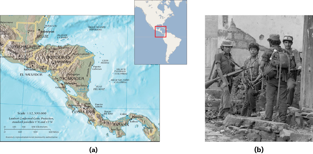 Two images are shown. Image a shows a map of North and South America with a red box enclosing central America. A larger, topographical map of Central America is also shown. From north to south, the following countries are labeled: Belize, Guatemala, El Salvador, Honduras, Nicaragua, Costa Rica, and Panama. Image b is a black and white picture is shown of four men with rifles standing amid a crumbled building. The man on the left wears a cap, has solid-colored clothes and is looking forward. The next man wears a plaid shirt, dark pants, and has black bushy hair. The third man is facing the other three, and wears a backpack with a flashlight attached at the top. His clothes are solid colored and dark bushy hair is seen under his cap. The last man on the right is facing forward and wears a two-toned cap with solid clothes.