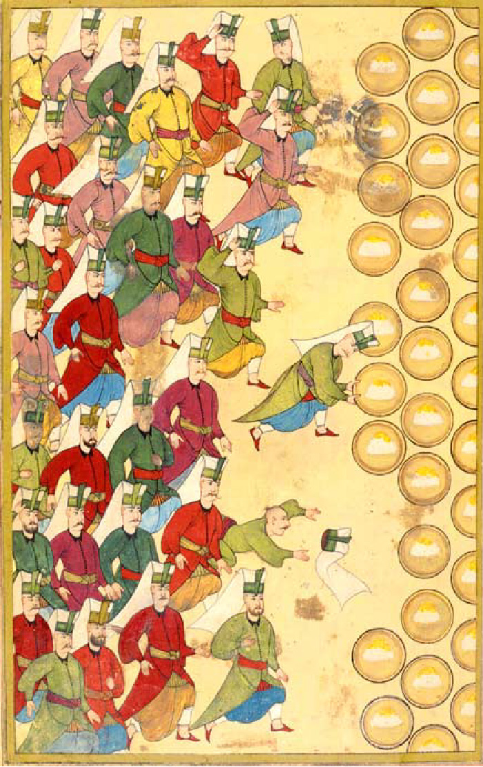 A painting is shown of large group of men on the left side in rows, on a yellow background, moving toward the right side of the painting. The men wear long coats over their long shirts in various colors of yellow, white, pink, green, blue, and red. They all wear belts and red slippers. Their white hats are decorated with green or yellow accents. On the right side of the painting are yellow circles in three vertical columns with white and yellow oval coloring on them. One man is shown losing his hat as he falls. One man stoops as if to pick up one of the discs.