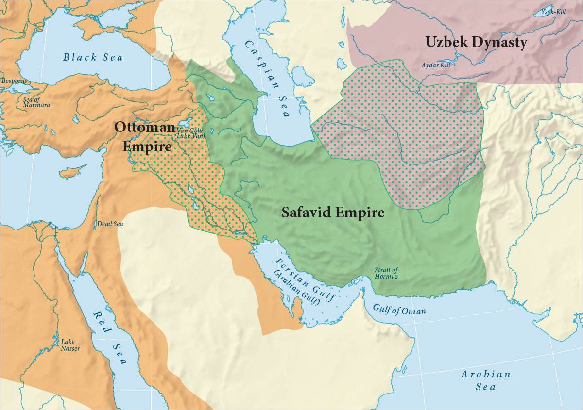 A map shows a piece of northeast Africa and the Middle East. An area north and south of the Black Sea extending down into Africa and small strips along both sides of the Red Sea and along the west side of the Persian Gulf (Arabian Gulf) are highlighted orange and labeled “Ottoman Empire.” A section in the eastern portion of the orange color from Van Golu (Lake Van) down to the Persian Gulf has green dots on top of the orange highlights. An area from west of the Caspian Sea south to the Persian Gulf (Arabian Gulf), Strait of Hormuz, and the Gulf of Oman is highlighted green and labelled “Safavid Empire.” An area just north of that to just south of Aydar Kul is pink with green dots. North of Aydar Kul and extending to the top of the map is highlighted pink and labelled “Uzbek .”