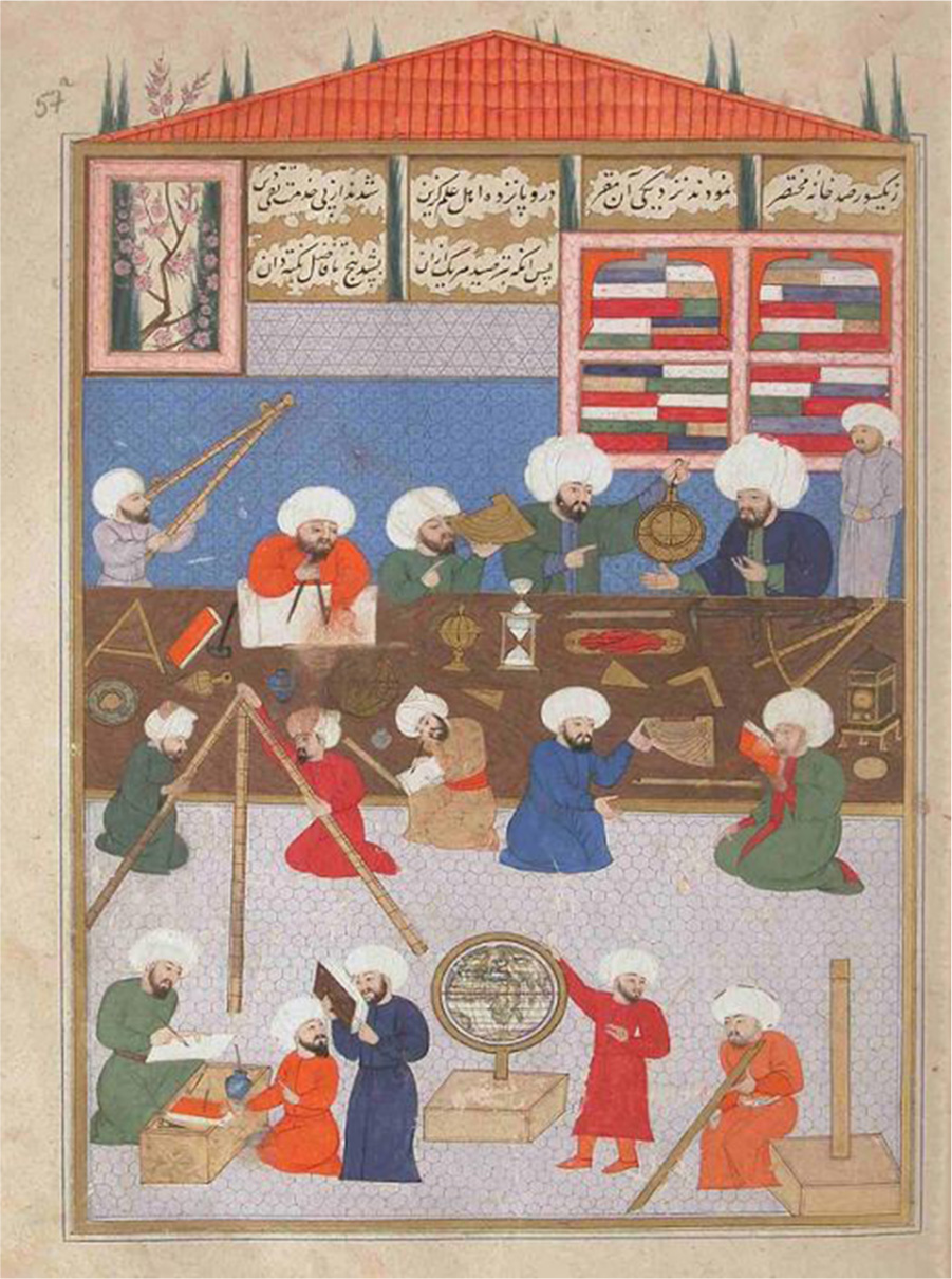 A painting of ten men working with astronomical instruments along a long brown table is shown. One man stands in the top right corner holding his hands, watching all the others under a striped, colorful picture. All the men have beards, wear white turbans and solid-colored long robes. Various astronomical instruments lay across the table and each of the ten men holds an instrument.