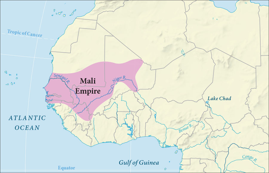 A map of northwest Africa is shown. The Tropic of Cancer and the Atlantic Ocean are shown to the west, and the Gulf of Guinea and the Equator are shown to the south. A pink area is highlighted in the middle of the western portion and labeled ‘Mali Empire.’