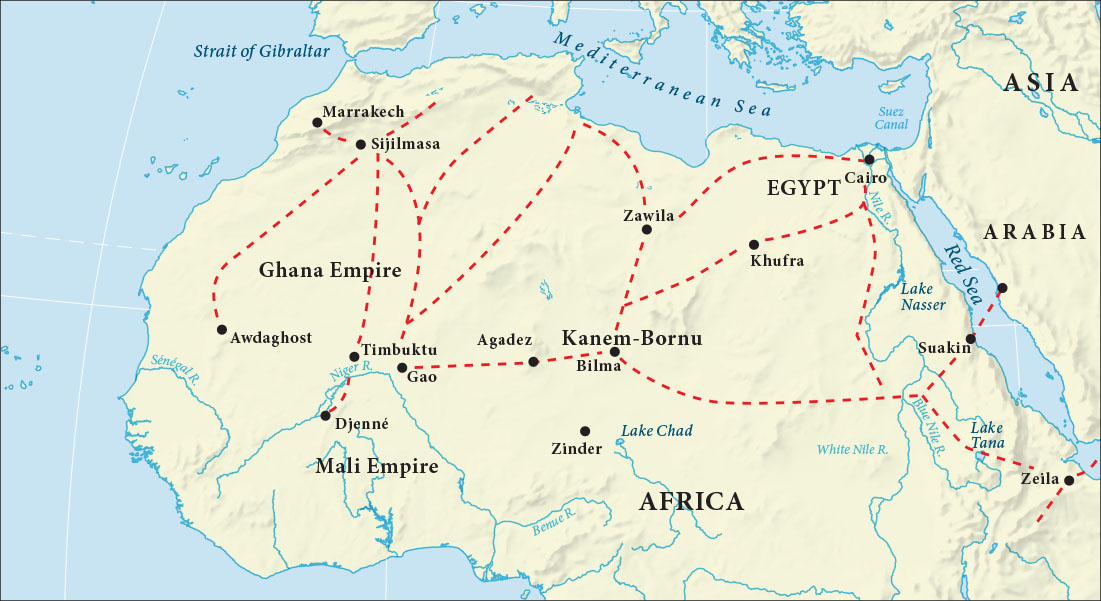 A map of North Africa is shown. There are dotted lines connecting cities across the entire region north to south and east to west. The following cities are labeled: Marrakech, Sijilmasa, Awdaghost, Timbuktu, Djenne, Gao, Agadez, Bilma, Zawila, Khufra, Cairo, Suakin, and Zeila. One dotted line crosses the Red Sea from Suakin in Africa to Arabia. The Mali Empire in western Africa, the Ghana Empire in northwestern Africa, Kanem-Bornu in central north Africa, and Egypt in northeastern Africa are labeled.