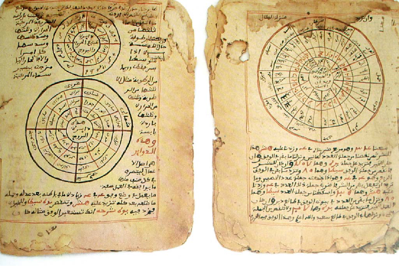 A photograph of two pages from a manuscript is shown. Both pages are brown, look worn, with water marks along the top and bottom. Both have pointed and round edges with a few tears showing. The left page has two circles with a web design in the middle, with writing inside the design. There is writing surrounding the circles. The page on the right has one large circular drawing with a web design and writing inside, with writing below the circle.