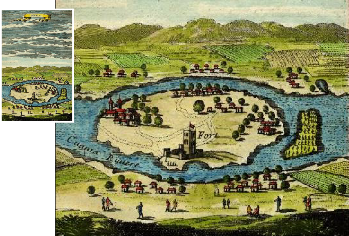 Two colorful drawings are shown. The image on the left shows an area of land surrounded by water, with other land around it. There is a sky with clouds above it. Houses, trees, and people are shown on the land. At the top of the image is a yellow sign that says,. ‘Sofala.” The image on the right is a larger view of the bottom of the first image. It shows the circle of land surrounded by water, showing trees, a fort, houses. On the land outside the water, there is shown farmland, trees, people, and mountains and a sky in the distance.