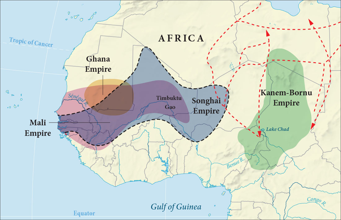 A map of north western Africa is shown. A circular area in western Africa is labeled ‘Ghana Empire.’ A pink area is labeled “Mali Empire” and stretches from the Atlantic to the middle of the map. The region overlaps with most of the region labeled “Ghana Empire.” A blue area is labeled “Songhai Empire.” It overlaps with the southeastern half of the Ghana Empire” and most of the Mali Empire. The Songhai Empire stretches beyond these empires farther north and east. The cities of Timbuktu and Gao are labeled and located in the overlap between the Mali Empire and the Songhai Empire. A green area is highlighted in the central part of northern Africa and labeled ‘Kanem-Bornu Empire.” There are red dashed lines going up, down, and across from the Kanem-Bornu Empire to northern Africa as well as to an eastern portion of the Songhai Empire.