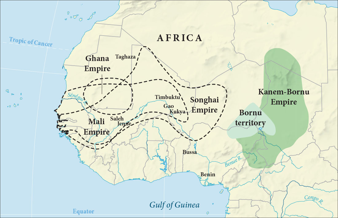 A map of the northwestern Africa is shown. A circular area in the western portion of Africa is indicated in dashed lines and labeled ‘Ghana Empire.’ An area encompassing most of the Ghana Empire and extending south and east is indicated by dashed lines and labeled ‘Mali Empire.’ An area encompassing most of the previous two labeled empires and extending east and north is indicated by dashed lines and labeled ‘Songhai Empire.” The cities of Timbuktu and Gao are labeled and located in the overlap between the Mali Empire and the Songhai Empire. A kidney shaped area in the eastern portion of the map is highlighted green and labeled ‘Kanem-Bornu Empire.’ West of the middle of the Kanem-Bornu Empire is a light blue area labeled ‘Bornu territory.’
