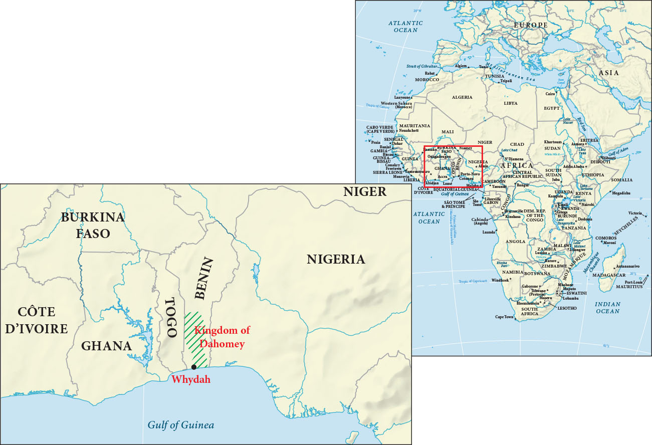 There are two maps. The map on the right shows Asia, Europe, and Africa. A small portion of the west coast of Africa is highlighted. The map on the left shows the highlighted area of the first map in greater detail. The map on the left shows the location of Cote D’ivoire, Burkina Faso, Ghana, Togo, Benin, Niger, and Nigeria. Part of southern Benin is labeled the Kingdom of Dahomey and includes the city Whydah.