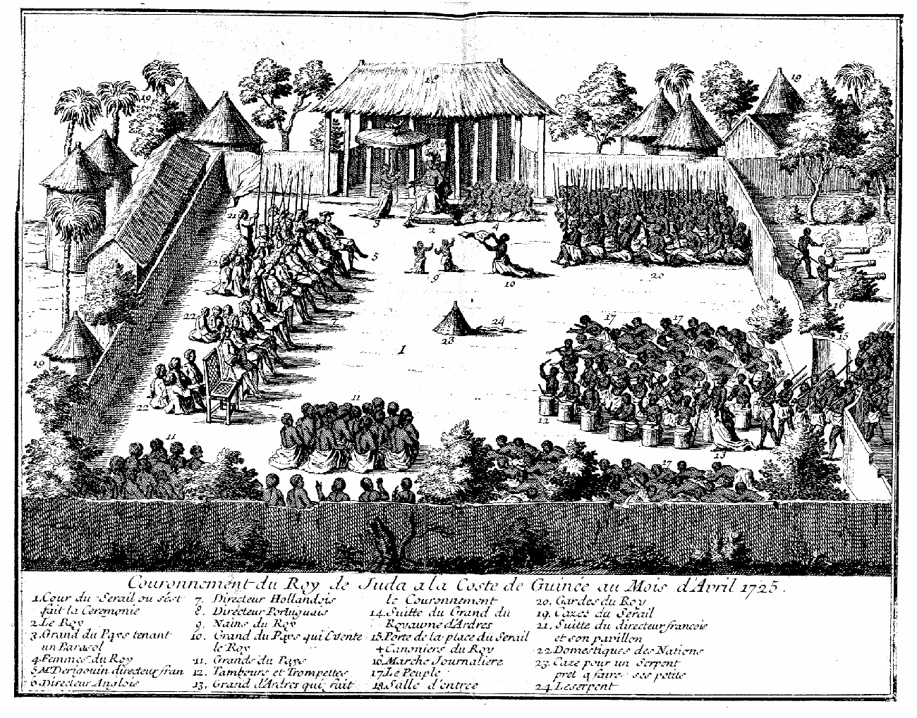 This image shows several groups of people surrounded by a fence. In the back center, there is a large covered platform. A man sits in front of it. Another man stands on his right and holds a parasol over him. A group of people sit on the ground on his left and gaze up at him. In the far right corner, a group of people sit on the ground and hold spears. In the bottom right corner, there is another group of people. Some of them lie prostrate. Others play instruments and drums. Beside them through an opening in the fence, people march in carrying rifles. In the bottom left corner, a group of people sit on the ground and face the man sitting on a chair in the background. Along the left side of the fence, many people dressed in European clothes sit in chairs. Others stand and hold flags. In the center of the fenced area is a snake, two children on their knees, and a man kneeling, holding a piece of paper. Outside the fence are several trees and houses. Some people sit on chairs and others are on the ground. Several people stand near cannons and carry weapons.