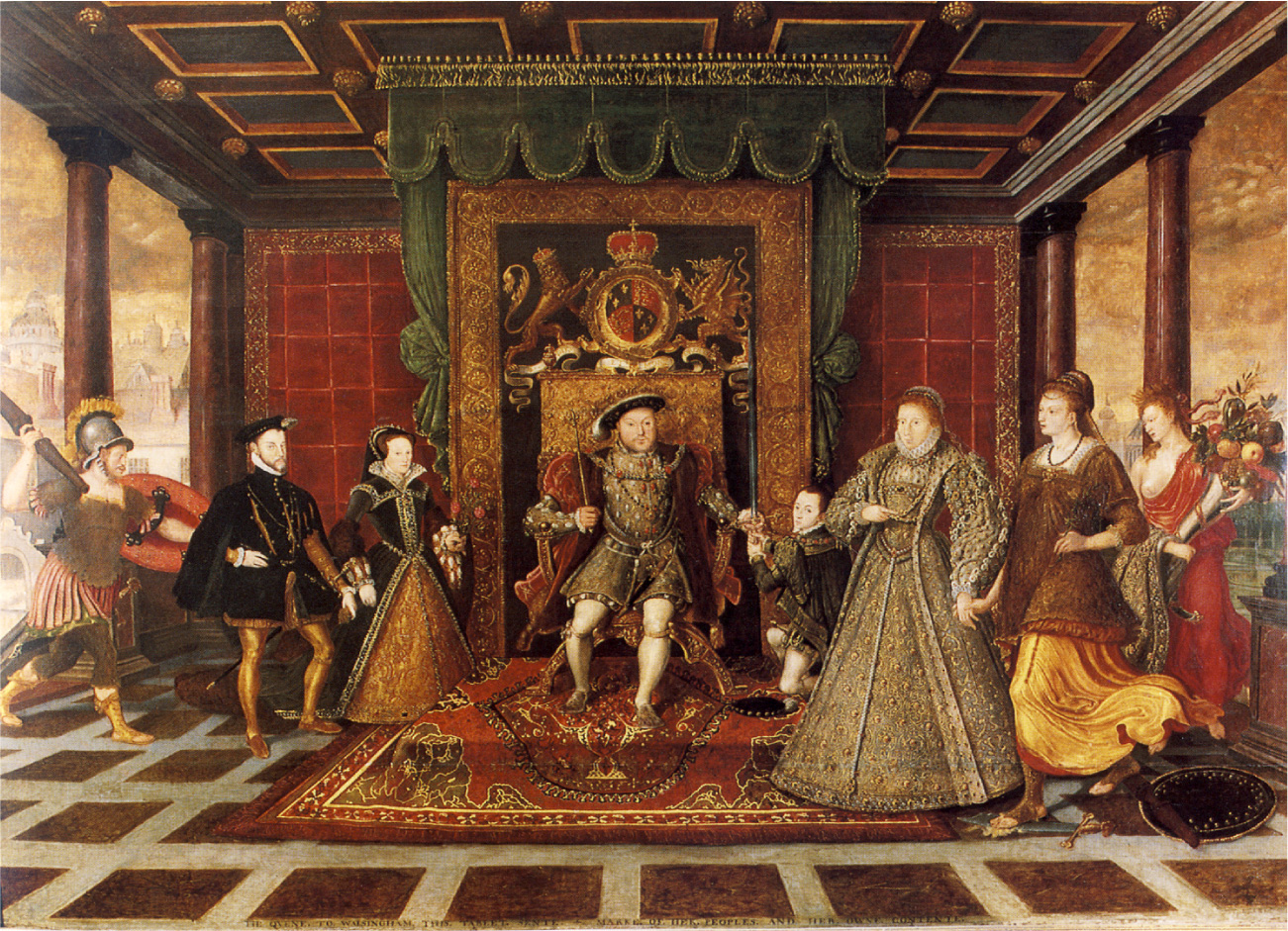 In this painting a man sits on an ornate gold throne with a crest and green canopy above, a highly decorated wall behind, and detailed rugs below. He is wearing white stockings, red robes and a hat with a feather. With his right hand, the man holds a scepter up. With his left hand, the man hands a little boy dressed in white stockings and green robes a sword. Next to the boy stand two women in very elaborate long gowns, holding hands. Behind them is a lady in a red plain cloth holding a bouquet of flowers. A man and woman stand on the left side of the painting. They are dressed in elaborate, dark coats, gowns, and hats. Behind them a man in military armor and a helmet holds a shield with one hand and an upraised large stick in his other hand and runs toward the pair. A city can be seen in the far background.