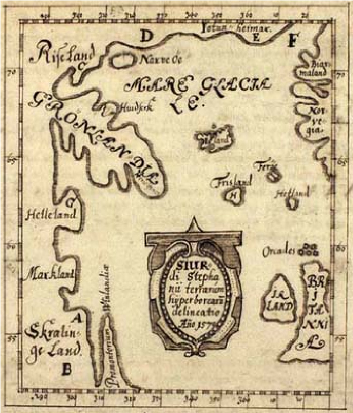 The map shows a body of water in the middle, with islands in the bottom right, and four near the center. Around the body of water is land denoted with wavy lines and peninsulas. A label is shown in the middle with ornate writing.