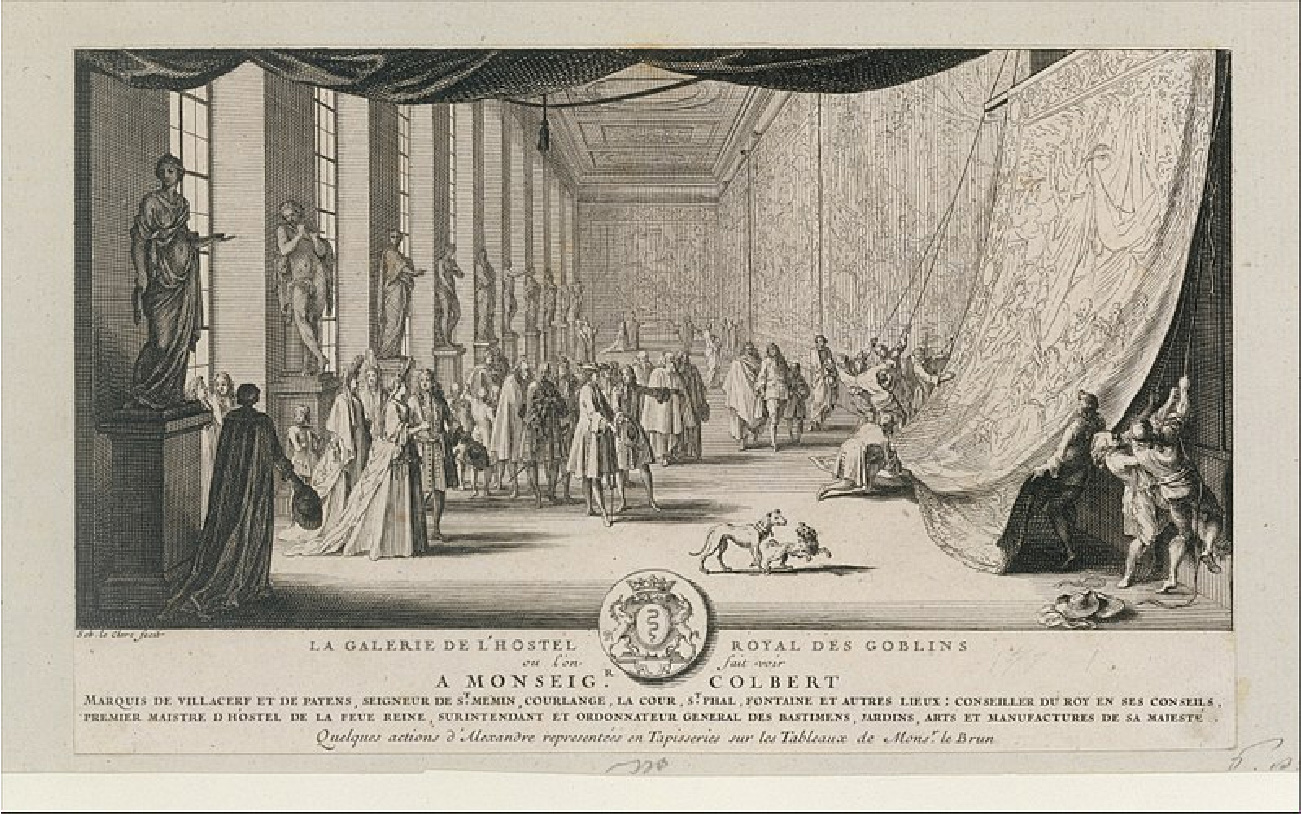 A drawing shows the inside of a very large, long room, with a carved ceiling and tapestry-decorated walls. On the left are eleven statues of people on pedestals placed between tall windows. The statues show people in various cloths draped over their bodies. Women in long petticoat dresses and men in long coats, robes, and hats stand around talking with each other and pointing out items across the room. Two dogs are shown in the room at the bottom. On the right of the drawing, suspended from the top of the wall, is a very large tapestry which people on both sides are pulling up with ropes. Curtains are shown hanging across the ceiling. Across the bottom a crest is displayed and words are written.