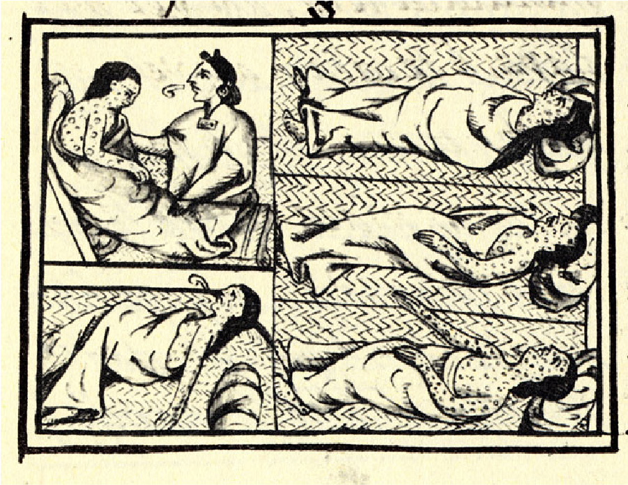 A drawing is divided into two sections on the left side and three sections on the right. The top left section shows a person with spots all over their body sitting wrapped in a blanket. A person sits across from them in a long shirt and is shown coughing. In the bottom left section a person covered with a blanket with spots all over their body is laying on a bed and is shown coughing. In the right top section, a person with spots all over their body is shown laying on a bed completely covered in a blanket. In the middle picture a similar person is shown partially uncovered, and in the bottom section is shown halfway uncovered.