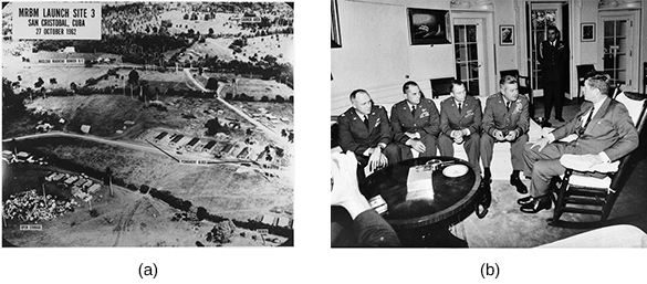 标有 “MRBM 发射场 3/San Cristobal，古巴/1962 年 10 月 27 日” 的照片 (a) 显示了古巴导弹基地的鸟瞰图。 照片 (b) 显示肯尼迪总统坐在椅子上，与一群穿制服的飞行员会面。