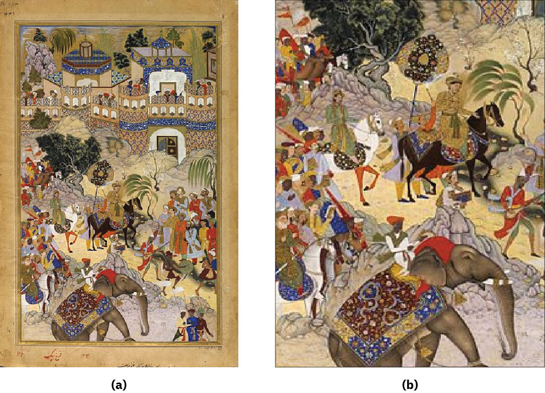 Painting (a) shows Emperor Akbar entering Gujarat with his entourage. Painting (b) is a closeup of from painting (a) which more clearly shows an elephant.