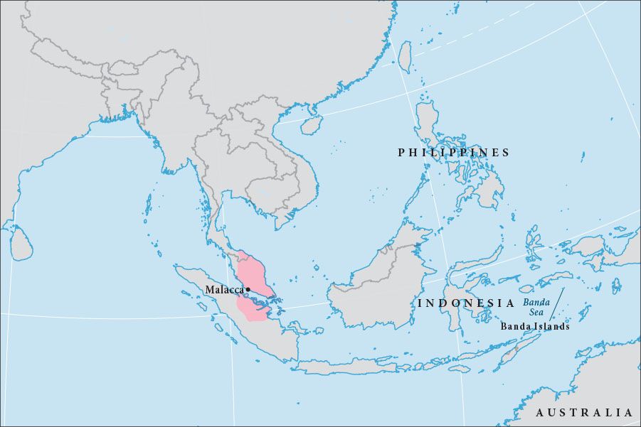 This map of Southeast Asia highlights the Malacca Sultanate, which includes the Malay Peninsula and part of Sumatra. The city of Malacca is labeled and lies on the southwestern coast of the Malay Peninsula.