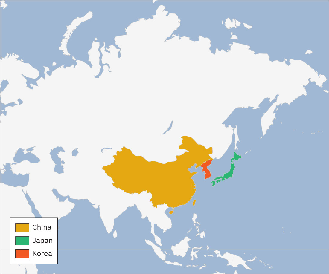 This map shows the locations of China, Korea, and Japan. China is a large region in the southeastern part of Asia. Korea is a peninsula and borders China. Japan is an island east of Asia.