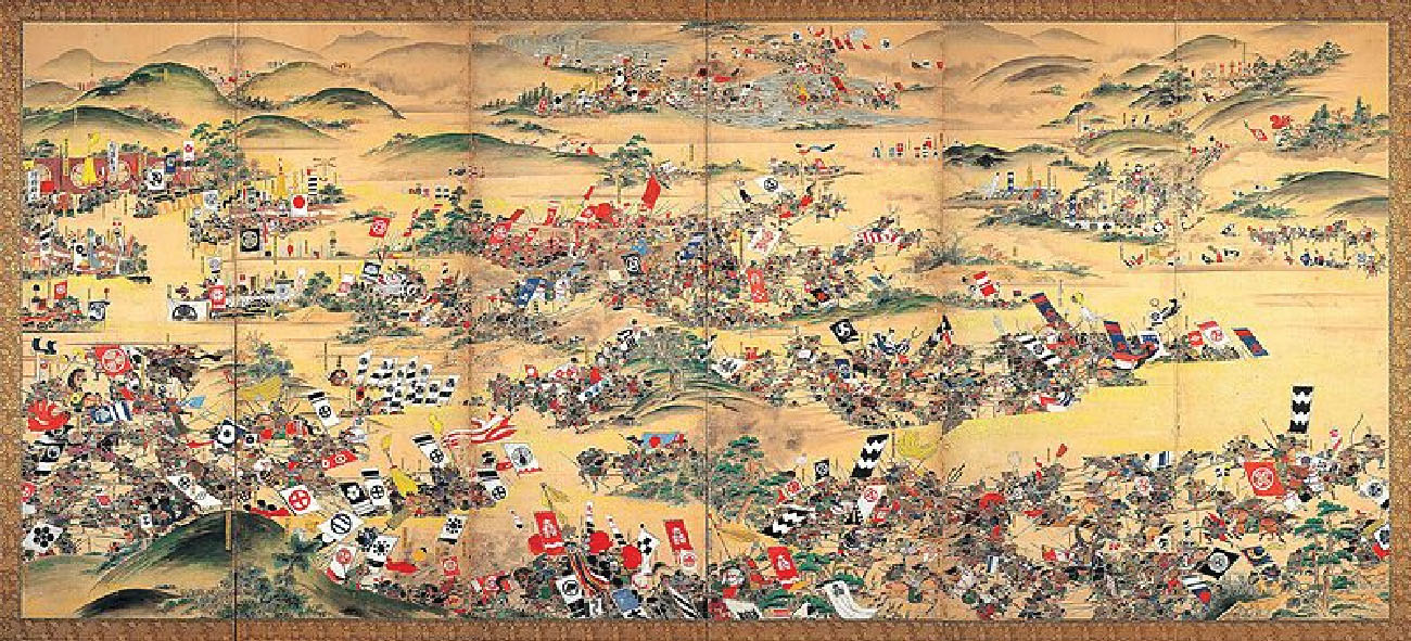 This painting shows a large battle by samurai armies. Many samurai carry flags. Hills are visible in the background.