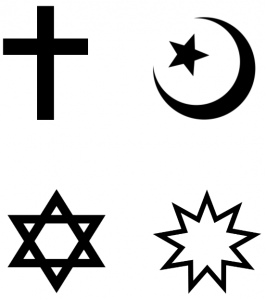 4 Abrahamic symbols representing Judaism, Christianity, Islam and Baha'i faiths
