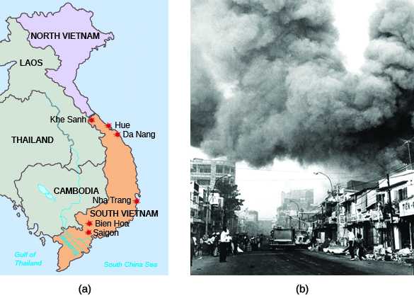 El mapa (a) muestra el sudeste asiático, con etiquetas para Vietnam del Norte, Laos, Tailandia, Camboya y Vietnam del Sur, así como Khe Sanh, Hue, Da Nang, Nha Trang, Bien Hoa y Saigón. La fotografía (b) muestra una calle de Saigón con enormes penachos de humo negro que se elevan sobre ella.