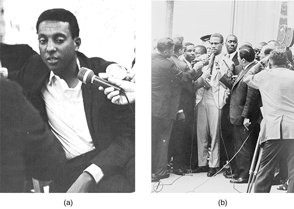 La photographie (a) montre Stokely Carmichael parlant dans un micro. La photographie (b) montre Malcolm X s'exprimant devant des membres des médias, dont plusieurs tiennent des micros à proximité de lui.