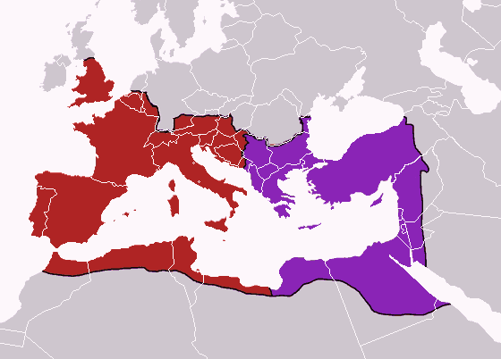 Map of The Eastern and Western Roman Empires in 395 CE