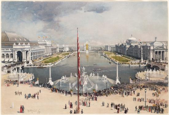 color print showing aerial view of the 1893 Chicago's World Fair, looking down the Grand Basin toward the statue of Columbia